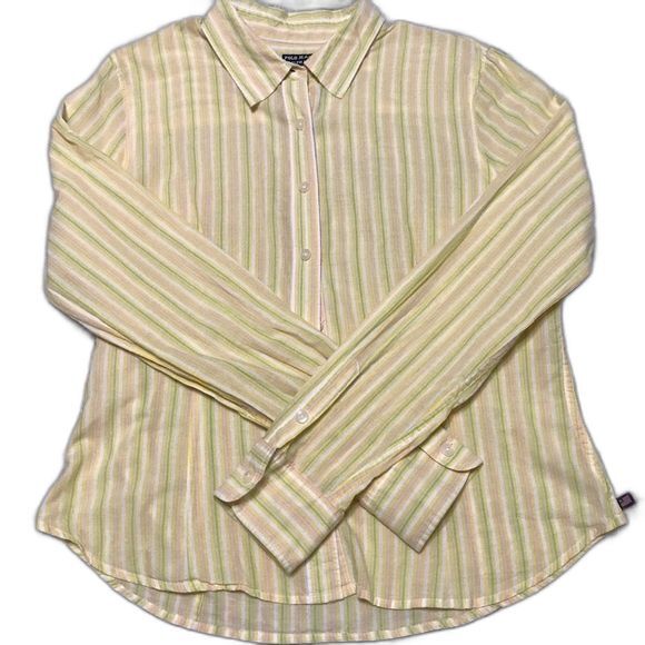 Ralph Lauren Yellow stripe shirt women button down collar top size L career work - Picture 1 of 8